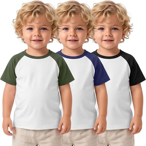 Yooo's Vivi 3 Pack Toddler Boys T Shirts Raglan Short Sleeve Color Block Crew Neck Tops Kids Summer Soft Baseball Tees in Kuwait