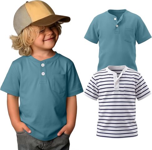 2 Pack Toddler Boys Henley Shirts 100% Cotton Kids Short Sleeve Button Tops Loose Fit Summer Basic Plain Tee 18M-5T in Kuwait