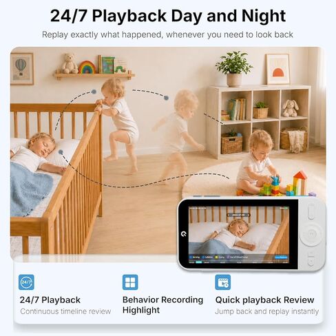 Ognee Baby Monitor with Camera and Audio, 24h Recording Playback, Baby Monitor with Crib Mount, 5" IPS 2K Display, SD Card, Remote Pan-Tilt-Zoom, 2-Way Talk, No WiFi, Night Vision, Safety Zone Alert in Kuwait