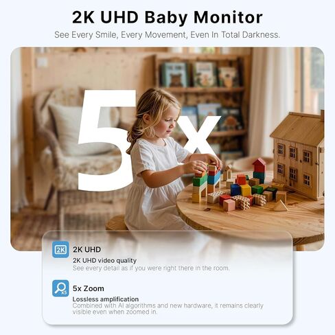 Ognee Baby Monitor with Camera and Audio, 24h Recording Playback, Baby Monitor with Crib Mount, 5" IPS 2K Display, SD Card, Remote Pan-Tilt-Zoom, 2-Way Talk, No WiFi, Night Vision, Safety Zone Alert in Kuwait
