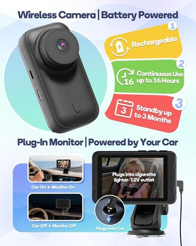 Wireless Baby Car Camera, Totsafe Car Baby Monitor No Wi-Fi Needed, Auto Night Vision IR-Cut Adjustable Lens, Long Battery for Rear-Facing Seat Long Trips, Newborn Travel Essentials in Saudi Arabia
