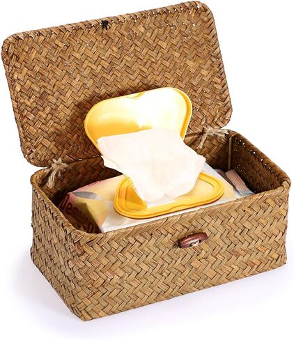 Kokone Vintage Decorative Seagrass Woven Wipes Box Container with Lid | Wipes Canister Storage Bins, Farmhouse Box Cover for Wet Wipes, Wicker Wipes Dispenser Keeper for Kitchen Bathroom Office in Kuwait
