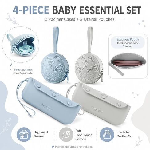 PandaEar Silicone Pacifier Holder Case, Baby Pouch Holder Set, 4 Pack | BPA and phthalate free, food-grade material, dishwasher safe, fits stroller, diaper bag, and car seat, great baby shower gift in Kuwait