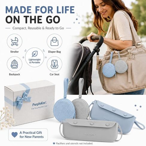 PandaEar Silicone Pacifier Holder Case, Baby Pouch Holder Set, 4 Pack | BPA and phthalate free, food-grade material, dishwasher safe, fits stroller, diaper bag, and car seat, great baby shower gift in Kuwait