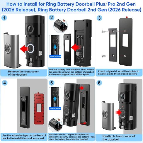 No Drill Mount for Ring Battery Doorbell/Plus/Pro (2nd Gen 2026 Release), Adhesive Mounting Bracket for Ring Camera Doorbell, Metal Doorbell Wall Holder for Apartments/Office/Rental, Easy to Install in Kuwait
