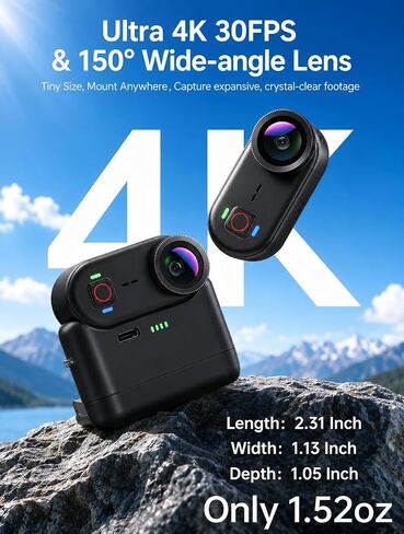 4K Waterproof Mini Action Camera, 64GB WiFi POV Video Wearable Body Camera | Magnetic pendant, clip mount, charging base, hands-free POV recording for motorcycle, hiking and sports in Kuwait