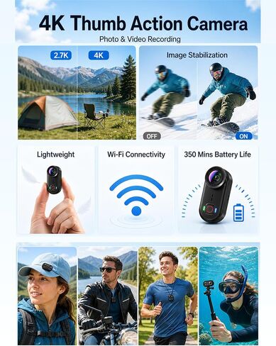 4K Waterproof Mini Action Camera, 64GB WiFi POV Video Wearable Body Camera | Magnetic pendant, clip mount, charging base, hands-free POV recording for motorcycle, hiking and sports in Kuwait