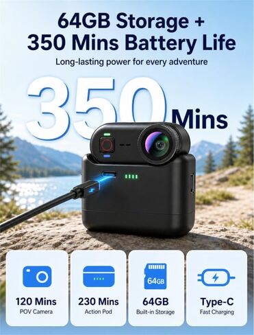 4K Waterproof Mini Action Camera, 64GB WiFi POV Video Wearable Body Camera | Magnetic pendant, clip mount, charging base, hands-free POV recording for motorcycle, hiking and sports in Kuwait