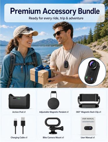 4K Waterproof Mini Action Camera, 64GB WiFi POV Video Wearable Body Camera | Magnetic pendant, clip mount, charging base, hands-free POV recording for motorcycle, hiking and sports in Kuwait
