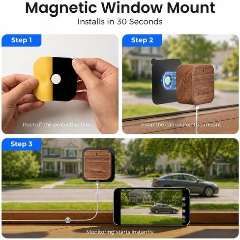 5MP 3K Window Security Camera for Home, No Subscription | Magnetic Mount, Full-Color Night Vision, 24/7 Recording, Free Cloud Storage, AI Person Detection, Dual-Band WiFi, Walnut Wood in Kuwait