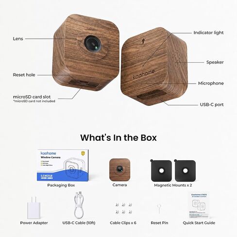 5MP 3K Window Security Camera for Home, No Subscription | Magnetic Mount, Full-Color Night Vision, 24/7 Recording, Free Cloud Storage, AI Person Detection, Dual-Band WiFi, Walnut Wood in Kuwait