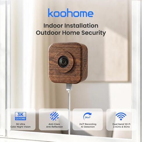 5MP 3K Window Security Camera for Home, No Subscription | Magnetic Mount, Full-Color Night Vision, 24/7 Recording, Free Cloud Storage, AI Person Detection, Dual-Band WiFi, Walnut Wood in Kuwait
