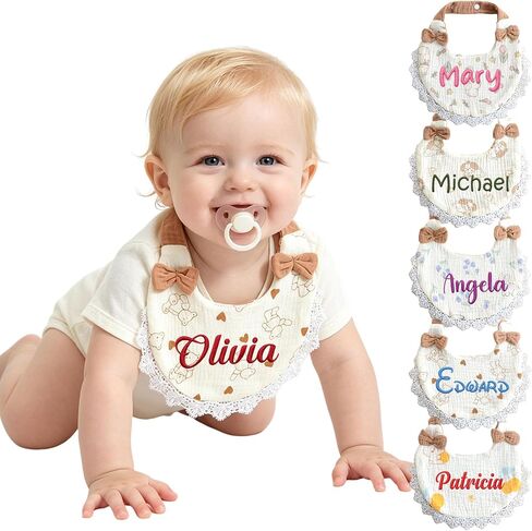 Personalized Embroidered Muslin Baby Bib, Custom Soft Cotton Drool Bibs with Lace Trim & Bow, Teething Drool Bib for Baby Boy Girl, Newborn, Infant, Toddler, Ideal Baby Gift Shower, Newborn Keepsake in Kuwait