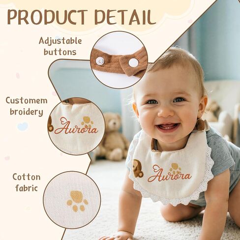Personalized Embroidered Muslin Baby Bib, Custom Soft Cotton Drool Bibs with Lace Trim & Bow, Teething Drool Bib for Baby Boy Girl, Newborn, Infant, Toddler, Ideal Baby Gift Shower, Newborn Keepsake in Kuwait