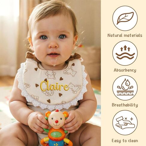 Personalized Embroidered Muslin Baby Bib, Custom Soft Cotton Drool Bibs with Lace Trim & Bow, Teething Drool Bib for Baby Boy Girl, Newborn, Infant, Toddler, Ideal Baby Gift Shower, Newborn Keepsake in Kuwait