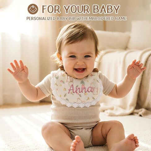 Personalized Embroidered Muslin Baby Bib, Custom Soft Cotton Drool Bibs with Lace Trim & Bow, Teething Drool Bib for Baby Boy Girl, Newborn, Infant, Toddler, Ideal Baby Gift Shower, Newborn Keepsake in Kuwait