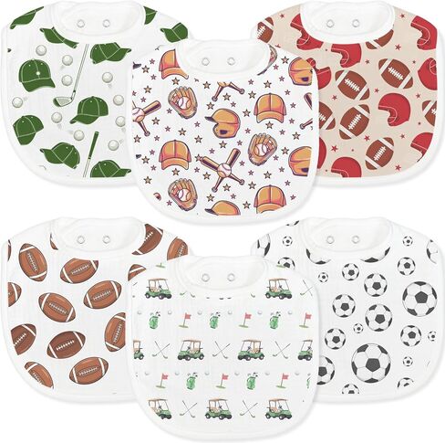 6-Pack Baby Muslin Drool Bibs for Boys Soft Cotton Sports Theme Infants Drool Bibs Extra Absorbent Feeding Teething Bib with Adjustable Snaps for Newborns Infant Toddlers Football Baseball Soccer Golf in Kuwait
