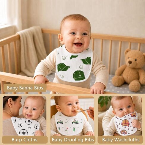 6-Pack Baby Muslin Drool Bibs for Boys Soft Cotton Sports Theme Infants Drool Bibs Extra Absorbent Feeding Teething Bib with Adjustable Snaps for Newborns Infant Toddlers Football Baseball Soccer Golf in Kuwait
