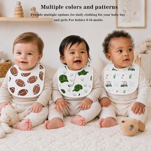 6-Pack Baby Muslin Drool Bibs for Boys Soft Cotton Sports Theme Infants Drool Bibs Extra Absorbent Feeding Teething Bib with Adjustable Snaps for Newborns Infant Toddlers Football Baseball Soccer Golf in Kuwait
