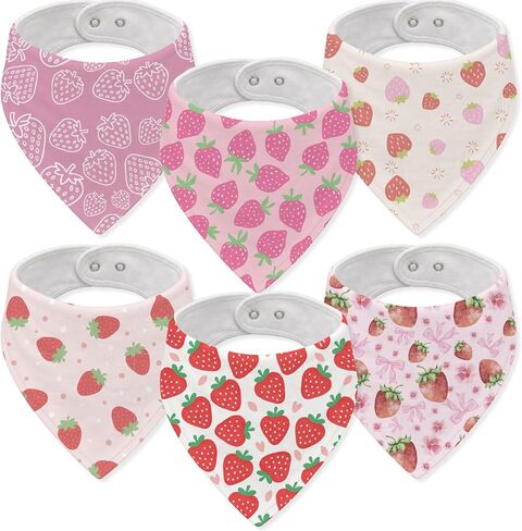 6-Pack Baby Drool Bibs for Girls, Strawberry Cotton Baby Bibs for Drooling Teething Feeding, Soft Absorbent Bandana Bibs with Adjustable Snaps for Newborn Infants in Kuwait