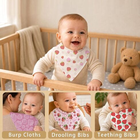 6-Pack Baby Drool Bibs for Girls, Strawberry Cotton Baby Bibs for Drooling Teething Feeding, Soft Absorbent Bandana Bibs with Adjustable Snaps for Newborn Infants in Kuwait