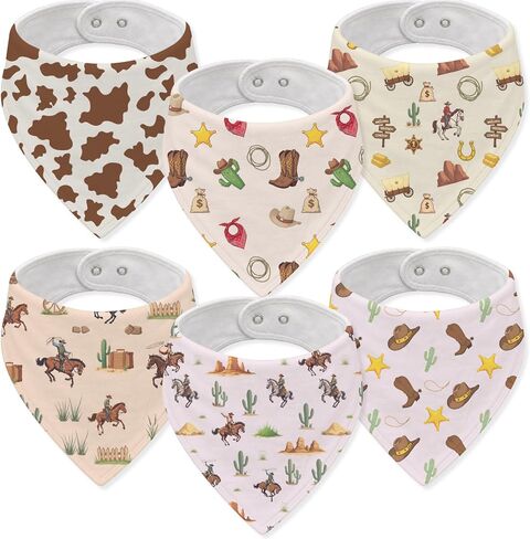 6-Pack Baby Drool Bibs for Baby Boys Girls, Western Cowboy Cotton Baby Bibs for Drooling Teething Feeding, Soft Absorbent Bandana Bibs with Adjustable Snaps for Newborn Infants in Kuwait