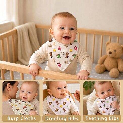 6-Pack Baby Drool Bibs for Baby Boys Girls, Western Cowboy Cotton Baby Bibs for Drooling Teething Feeding, Soft Absorbent Bandana Bibs with Adjustable Snaps for Newborn Infants in Kuwait