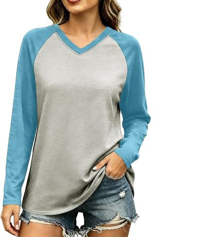 Baseball Shirt Women Loose V Neck Raglan Long Sleeve Color Block Tunic Tops | Jersey Tops for Women, Contrast Color Raglan Long Sleeves, Versatile Baseball Style for Spring Fall Daily Casual Outfits in Kuwait