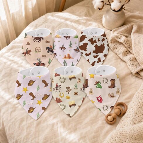6-Pack Baby Drool Bibs for Baby Boys Girls, Western Cowboy Cotton Baby Bibs for Drooling Teething Feeding, Soft Absorbent Bandana Bibs with Adjustable Snaps for Newborn Infants in Kuwait
