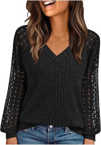 Womens Hollow Out Crochet Lace Raglan Long Sleeve V Neck Ribbed Knit Tops | Tunic Tops for Women Loose Fit Dressy, Bubble Lantern Cuffs, Fall Winter Work Office Daily Casual Outfits in Kuwait