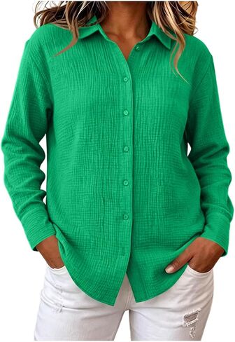 Womens Long Sleeve Cotton Gauze Button Down Collar Shirt Work Office Blouse | Cotton Gauze Tops for Women, Classic Point Collar, Full Button Placket, Spring Fall Travel Street Casual Outfits in Kuwait