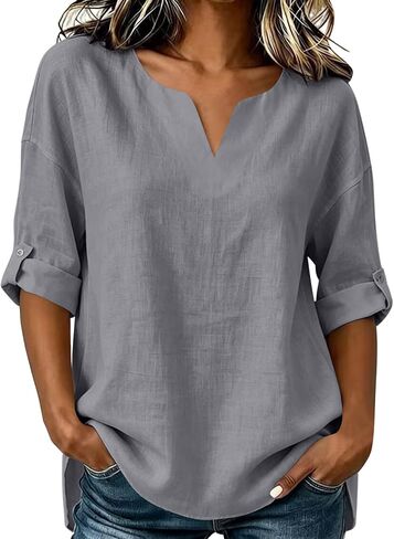Cotton Linen Tops for Women Notch V Neck Roll Tab Long Sleeve Tunic Blouses | Shirts for Women, Notch Split V Neck, Roll Tab Adjustable Sleeves, Loose Fit, Wrinkle Resistant Fabric, Fall Outfits in Kuwait