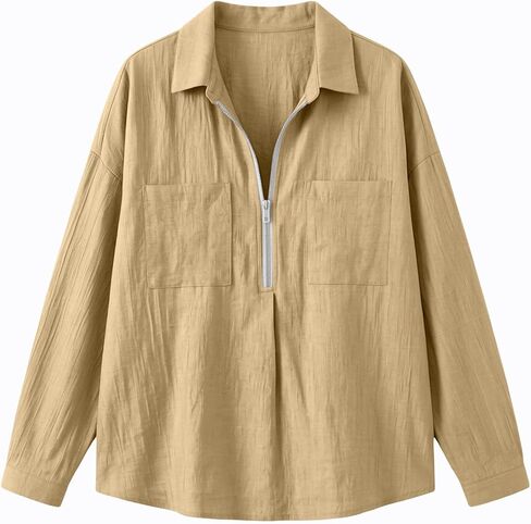 Half Zip Pullover Women Casual Lapel Collar Long Sleeve Dual Pocket Blouses | Long Sleeve Tops for Women, 1/2 Zip Placket, Dual Chest Patch Pockets, Loose Fit, Versatile Spring Fall Casual Outfits in Kuwait