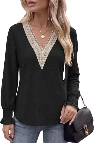 Eyelet Tops for Women Guipure Lace Trim V Neck Long Sleeve Fall Tunic Shirt | Womens Blouses Dressy Casual, Eyelet Embroidery Tops for Women, Smocked Cuff, Autumn Clothes, Ladies Elegant Street Outfits in Kuwait
