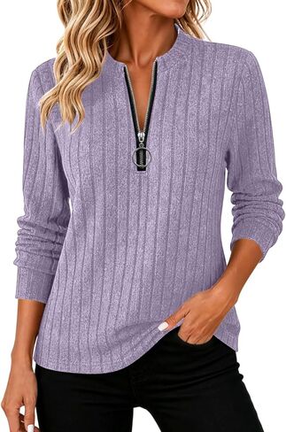 Quarter Zip Pullover Women Ribbed Knit Stand Collar Long Sleeve Tunic Tops | Ribbed Knit Tops for Women, Stand Collar with Quarter O-Ring Zip, Long Sleeves, Fall Winter Work Casual Layering Outfits in Kuwait