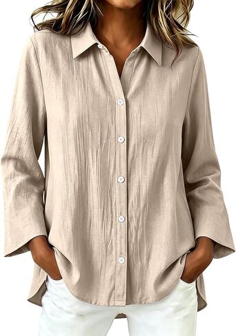 Button Down Shirts for Women Long Sleeve Casual Collared Office Work Blouse | Classic Lapel Collar, Full Button Placket, Long Sleeves, Curved Curved Hem, Loose Fit, Ladies Vacation Casual Fall Outfits in Kuwait
