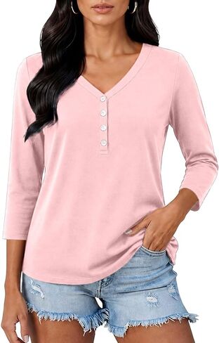 Henley Shirts for Women 3/4 Sleeve Dressy Casual V Neck Button Up Tunic Top | Henley Blouses for Women, 3/4 Length Sleeve Womens Tops, Tunic Shirts for Women Loose Fit Dressy, Daily Layering Outfits in Kuwait