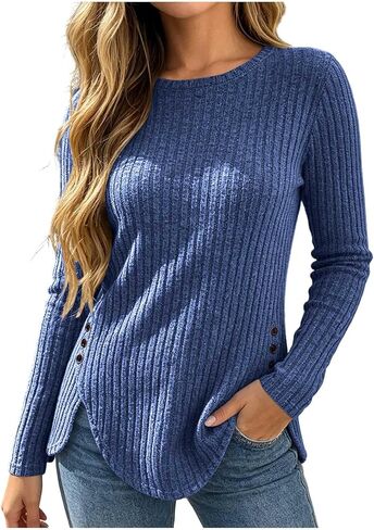 Ribbed Knit Tops for Women Crewneck Long Sleeve Split Side Button Tunics | Ribbed Knit Shirts for Women, Long Sleeves, Dual Side Button Detail, Curved Split Hem, Fall Outfits, Winter Clothes in Kuwait