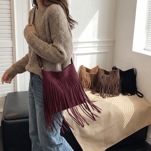 Boho Style Shoulder Bag Retro Handbag Fringe Design Messenger Bag Postman Handbag Vintage Style Suede Crossbody Handbag in Kuwait