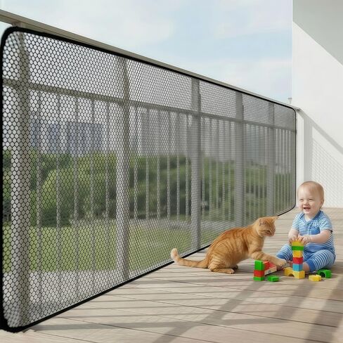 Banister Guard 18ft X 2.6ft Thick, Balcony Netting for Pets, Balcony Safety Net for Kids, Baby Fence Door Balcony Railing Cover with No Drilling for Apartment Railing(Black) in Kuwait