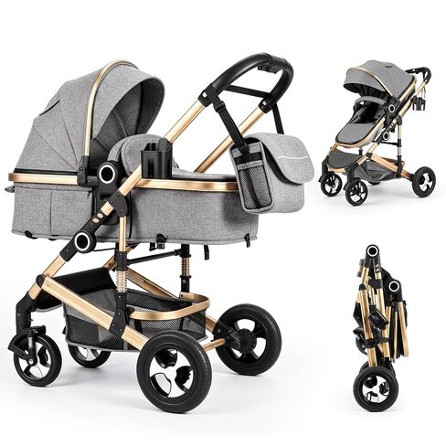 2 in 1 Baby Stroller, Foldable Pram Carriage w/Reversible Seat | Adjustable Canopy, Storage Basket, Cup Holder, Foot Cover, Suspension Wheels, Aluminum Frame, One-Step Brake (Pink) in Kuwait