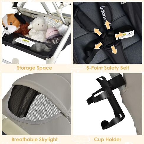 INFANS Lightweight Baby Stroller, Compact with One-Hand Fold, Travel Stroller for Airplane with Cup Holder, 5-Point Harness, Foot Cover, Canopy, Infant for 0-36 Month (Grey) in Kuwait