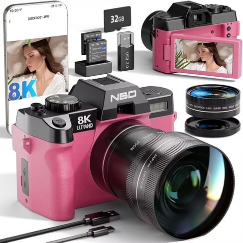 NBD 8K 64MP Digital Cameras for Photography, 52mm Macro Lens, Flip Screen | 16X Zoom, WiFi , Wide-Angle & Macro Lens, Autofocus, 2 Batteries, 32GB Card, for YouTube and Travel,Teenagers and beginners in Kuwait