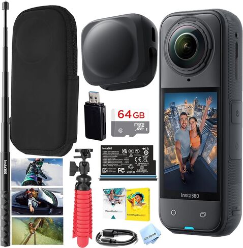 Insta360 X5 Waterproof 8K 360° Action Camera – Low-Light Performance, 3-Hour Battery, Stabilized, Triple AI ChipPro Bundle -64GB Memory,Selfie Stick, Tripod, and More in Kuwait