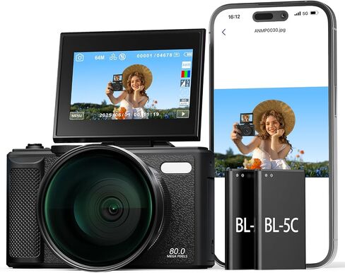 5K Wi-Fi Digital Camera for Photography, 80MP Autofoucs Vlogging Camera for YouTube with 3" 180° Flip Screen, 18X Digital Zoom Travel Camera for Beginner, Teens with 64GB Memory Card ＆ 2 Batteries in Kuwait