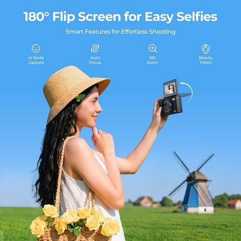 5K Wi-Fi Digital Camera for Photography, 80MP Autofoucs Vlogging Camera for YouTube with 3" 180° Flip Screen, 18X Digital Zoom Travel Camera for Beginner, Teens with 64GB Memory Card ＆ 2 Batteries in Kuwait