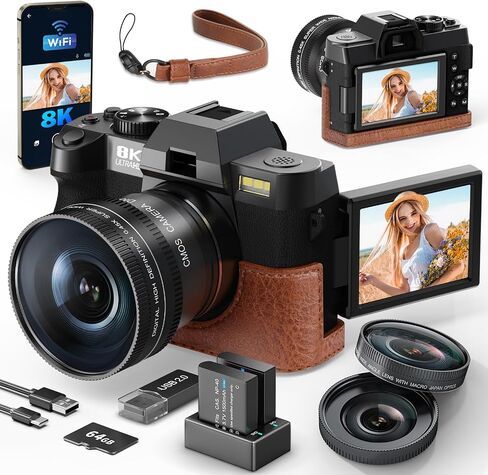 8K&64MP Digital Camera for Photography & Video, 16X Zoom, WiFi, 180° Flip Screen, Autofocus, Anti-Shake, Wide-Angle & Macro Lens, Webcam Mode, PU Leather Case, 32GB Card & 2 Batteries (Black) in Kuwait