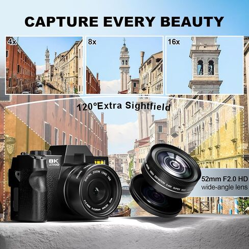 8K&64MP Digital Camera for Photography & Video, 16X Zoom, WiFi, 180° Flip Screen, Autofocus, Anti-Shake, Wide-Angle & Macro Lens, Webcam Mode, PU Leather Case, 32GB Card & 2 Batteries (Black) in Kuwait