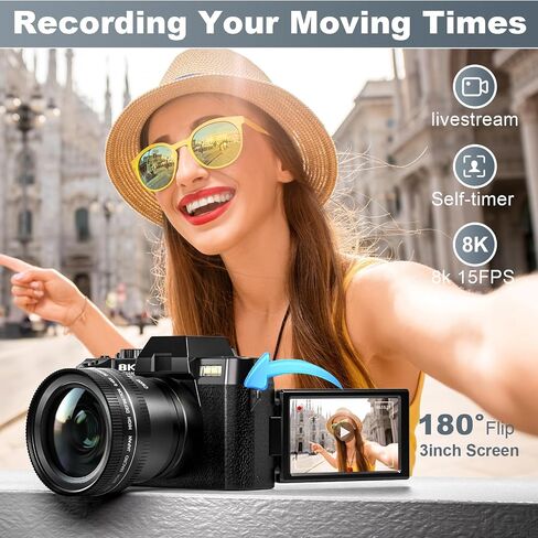 8K&64MP Digital Camera for Photography & Video, 16X Zoom, WiFi, 180° Flip Screen, Autofocus, Anti-Shake, Wide-Angle & Macro Lens, Webcam Mode, PU Leather Case, 32GB Card & 2 Batteries (Black) in Kuwait
