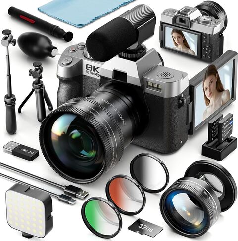 8K 64MP Digital Cameras for Photography,16X Zoom,3 Color Filters | 180°Flip Screen，2 Batteries, 32GB TF Card,WiFi,Microphone, Tripod, Wide & Macro Lens Kit,Vlogging and Travel,For Beginners in Kuwait